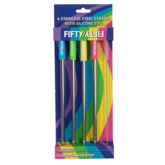 Stainless Steel Straws With Silicone Tip - 4 Pieces In Assorted Colors With Cleaning Brush